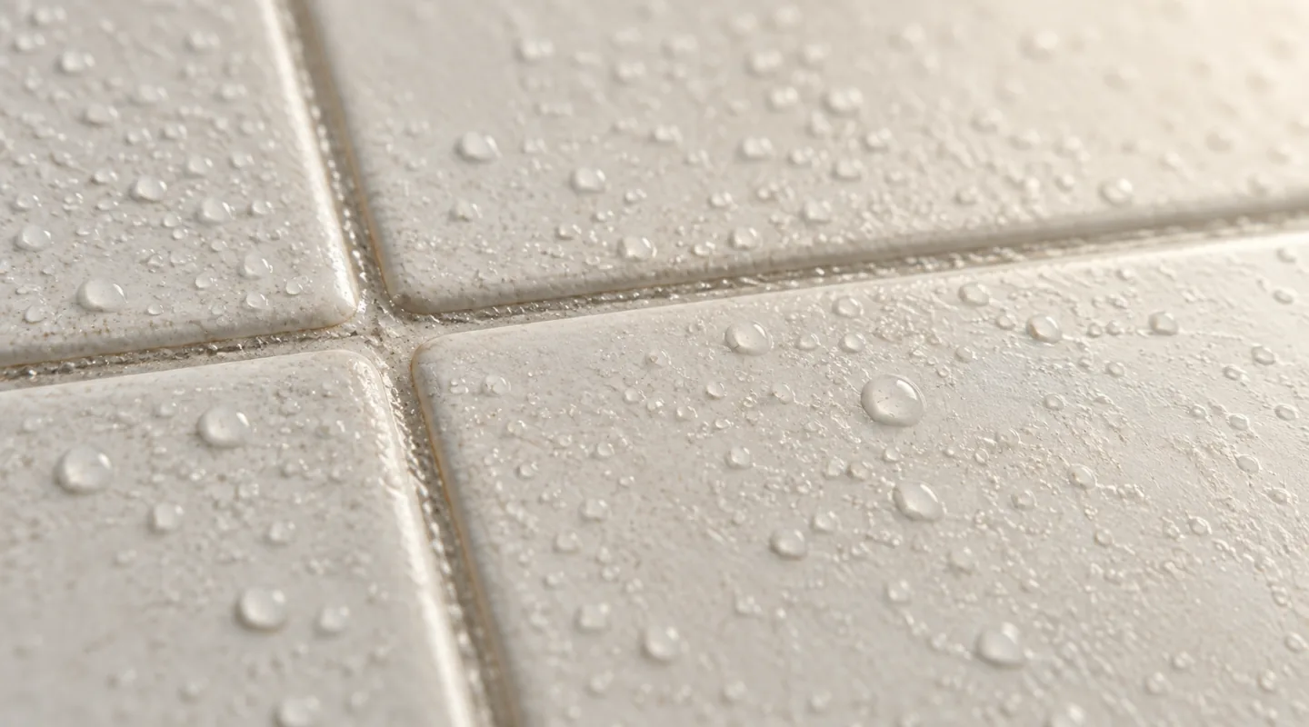 Macro d’un carrelage de céramique claire couvert de fines gouttes de condensation