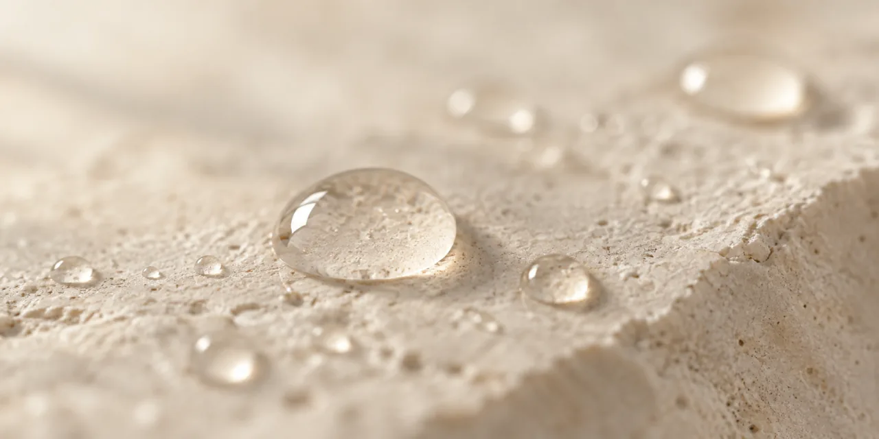 Macro de gouttes d’eau posées sur une surface minérale claire et poreuse, faible profondeur de champ
