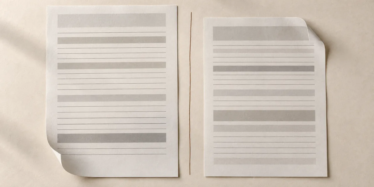 Deux feuilles imprimées posées côte à côte sur un fond papier, un trait terre cuite vertical entre elles, contenu non lisible