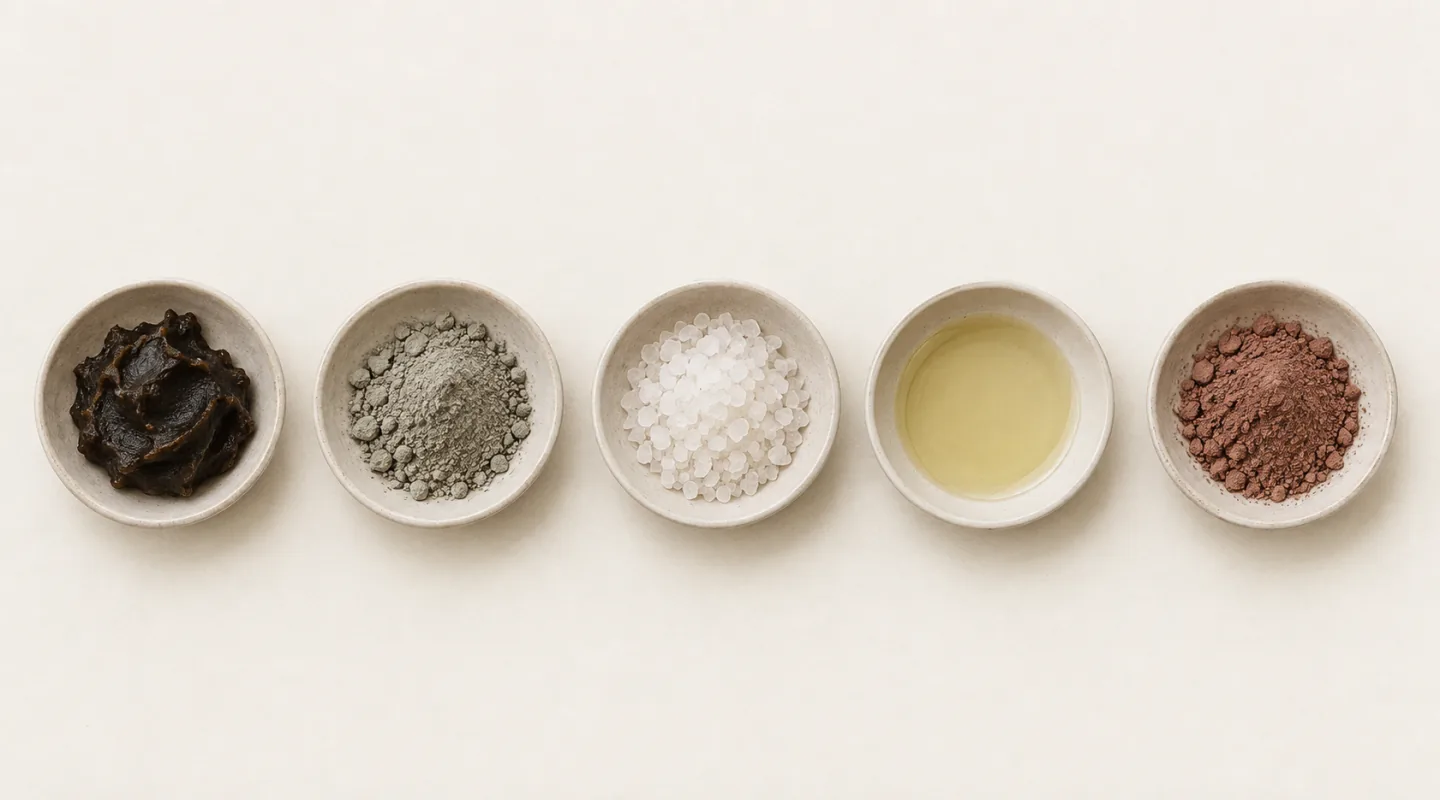 Cinq godets de céramique alignés, contenant une pâte brun foncé, une poudre grise, du sel, une huile claire et un pigment rose-brun