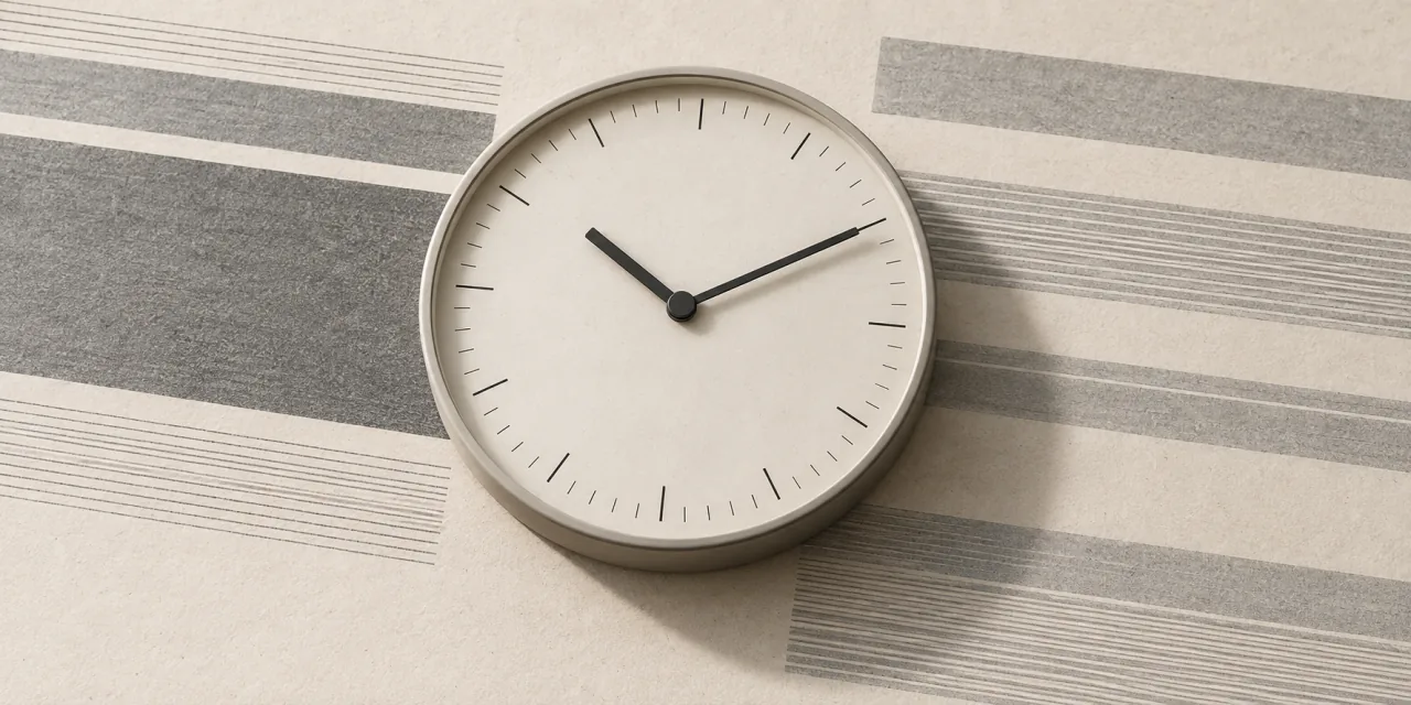 Cadran d’horloge clair sans chiffres, à index et aiguilles noires, posé sur des bandes imprimées non lisibles