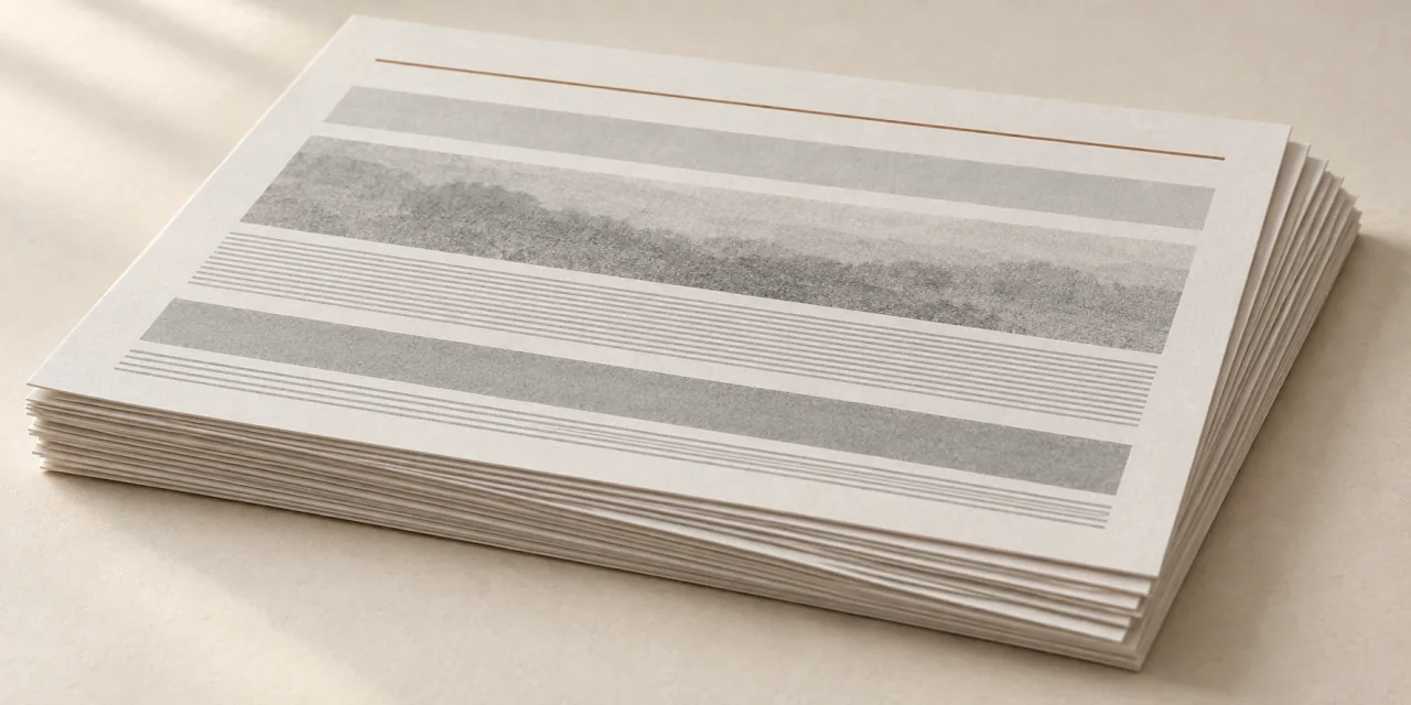 Pile de feuilles imprimées vue de trois quarts, bords légèrement décalés, un trait terre cuite sur la feuille du dessus