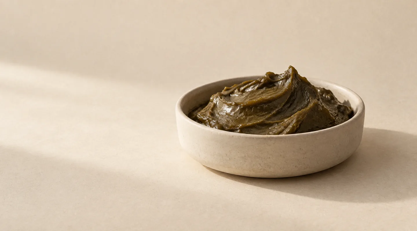 Pâte de savon brun-olive brillante dans un godet de céramique claire, posé sur un fond papier