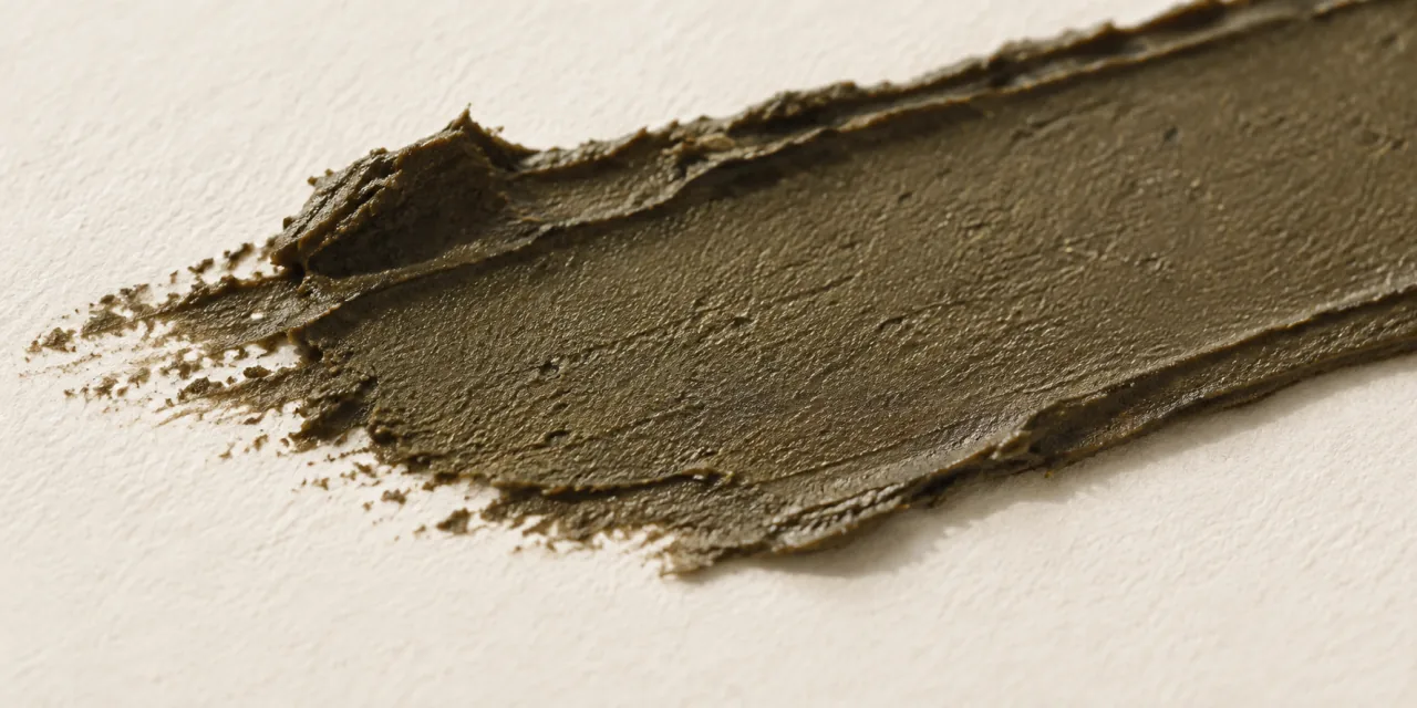 Trace de pâte brun-olive mate étalée en diagonale sur une feuille de papier clair, vue de très près