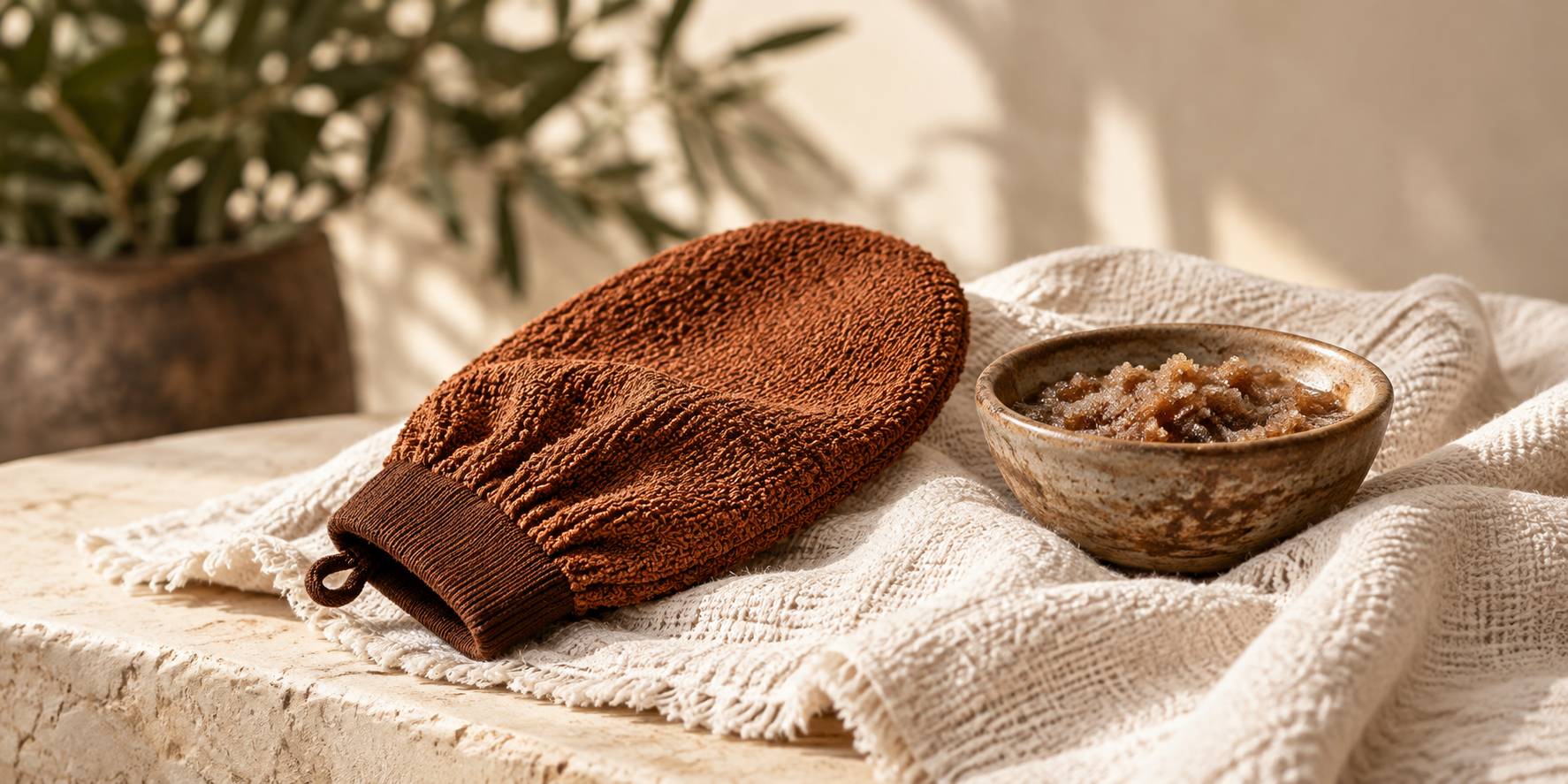 Gant de gommage et bol de preparation sur une serviette claire