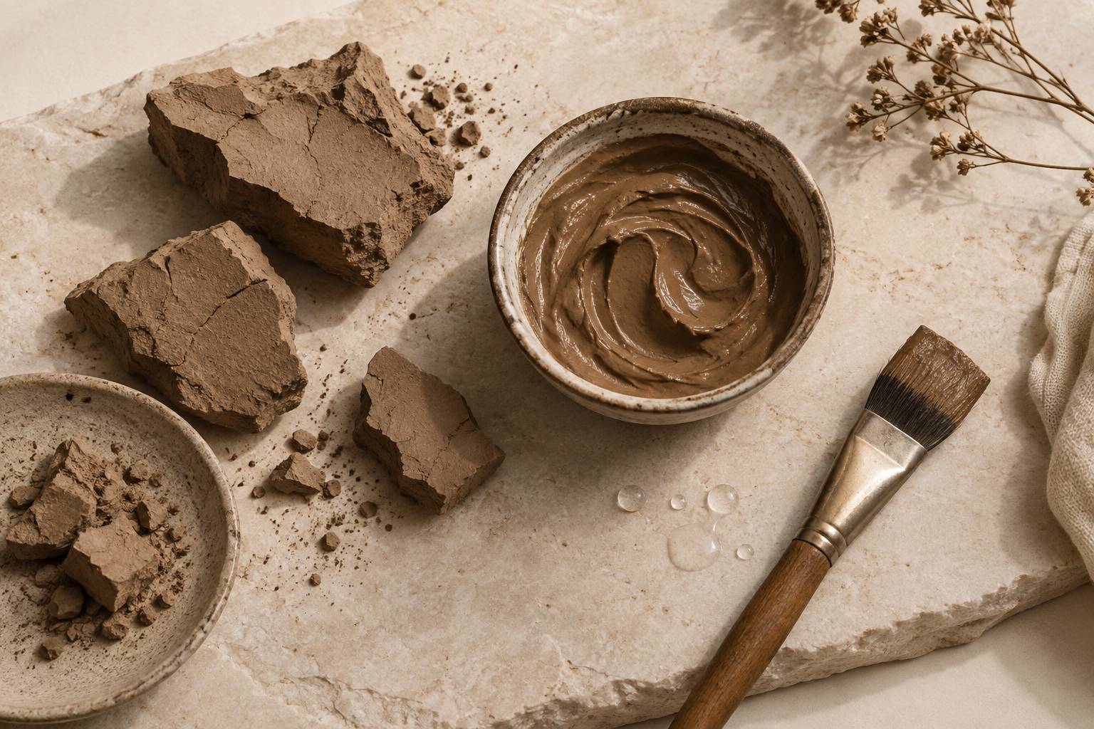 Morceaux d'argile brune sechee et pate fraiche dans une coupelle en ceramique