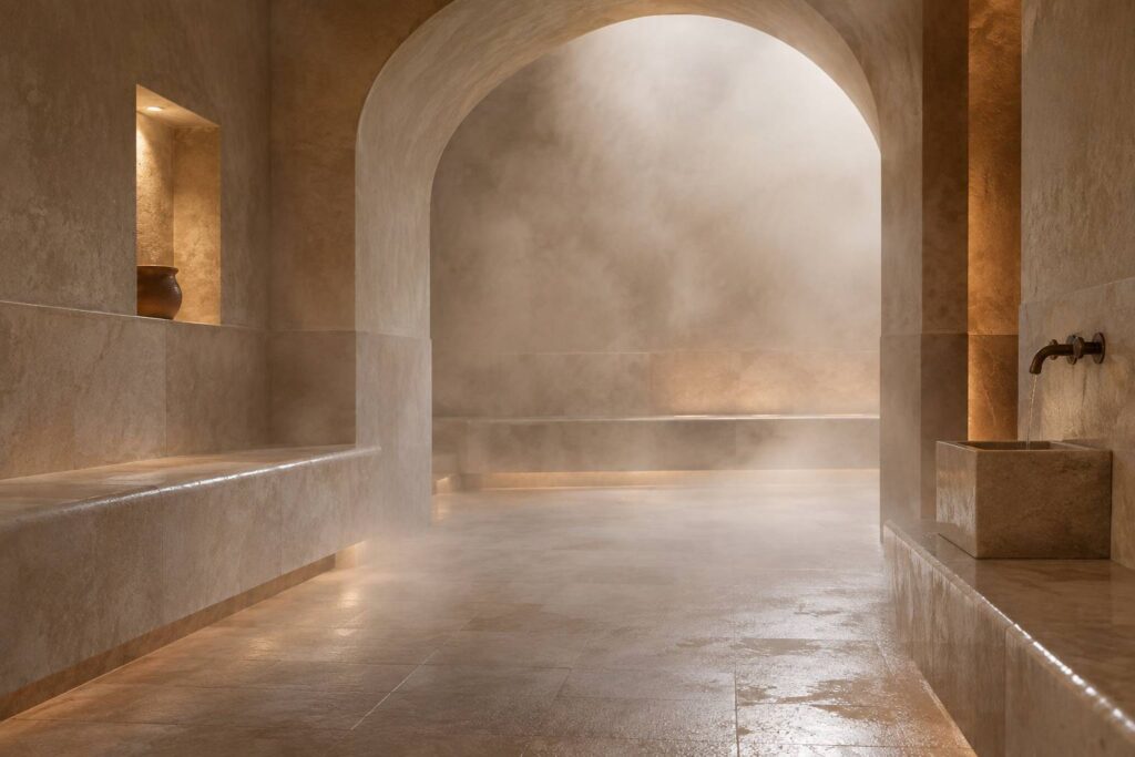 Cabine de hammam en pierre claire baignee de vapeur douce