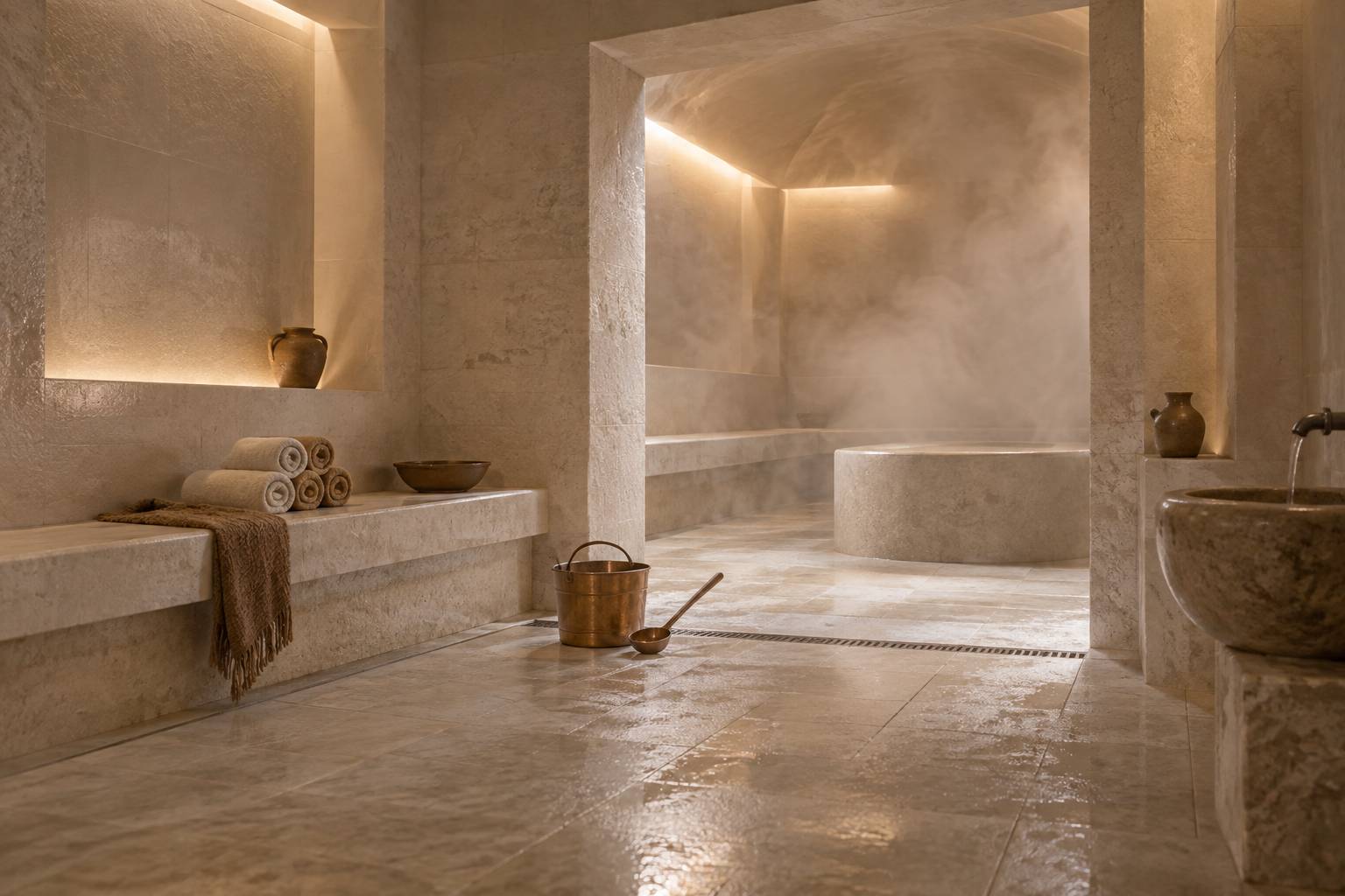 Serviettes roulees et louche sur banquette de pierre pres d'un hammam