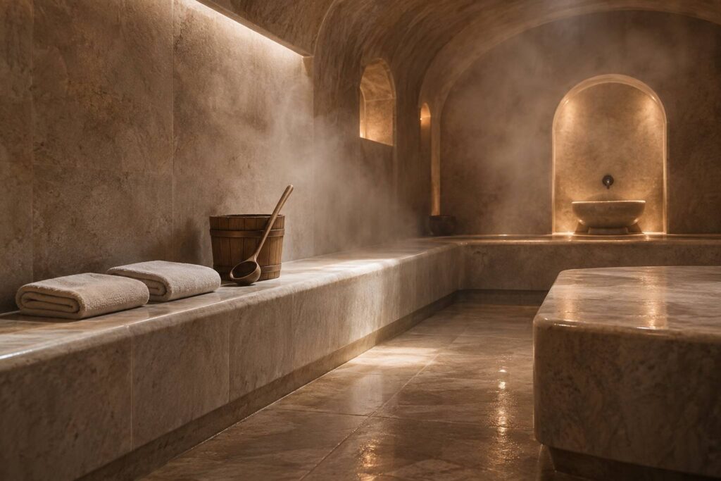 Cabine de hammam en pierre avec deux serviettes pliees et seau en bois