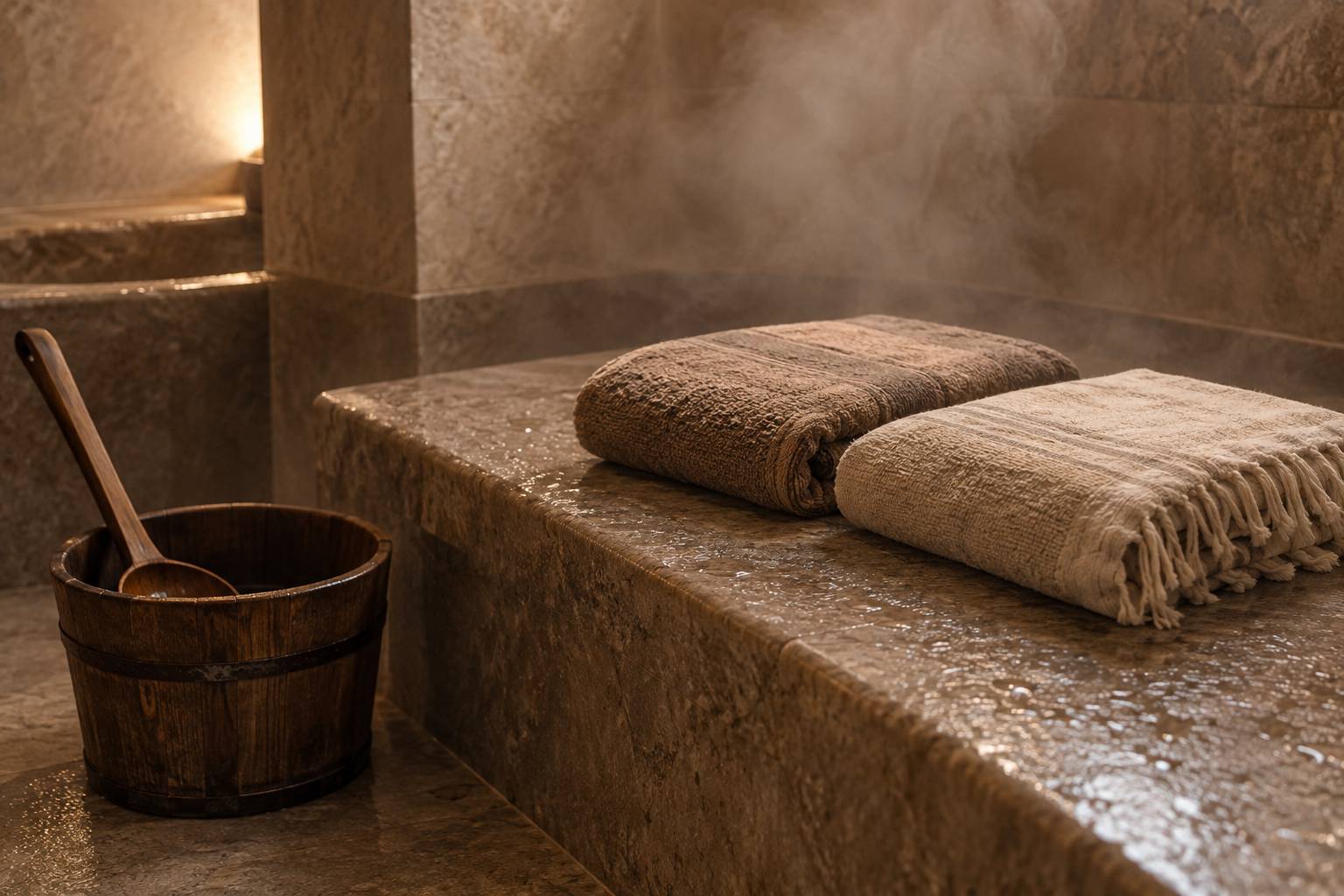Banquette de hammam en pierre avec serviettes pliees et louche en bois
