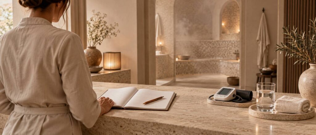 Illustration éditoriale du sujet : Hammam : les contre-indications que l'institut vérifie