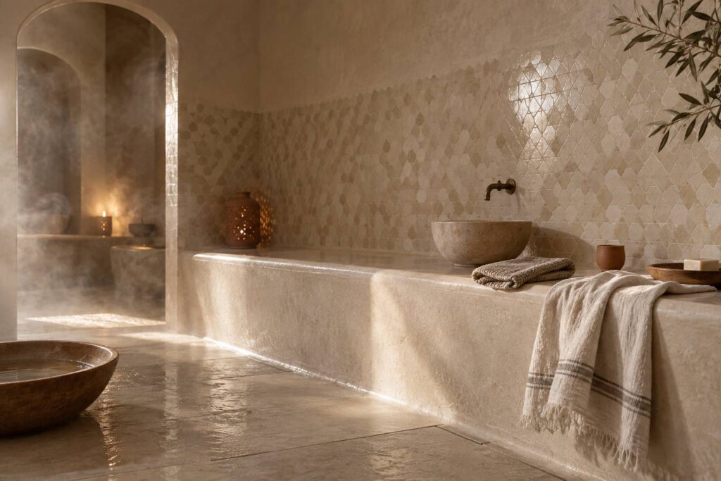 Hammam clair avec gant de gommage textile pose sur une banquette de pierre pale