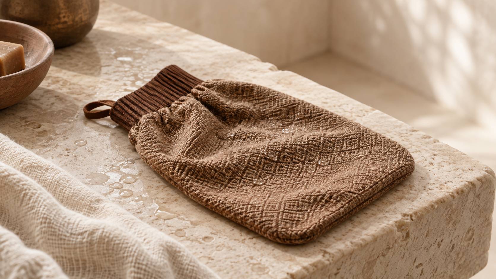 Gant de gommage textile plat pose sur une pierre claire de hammam