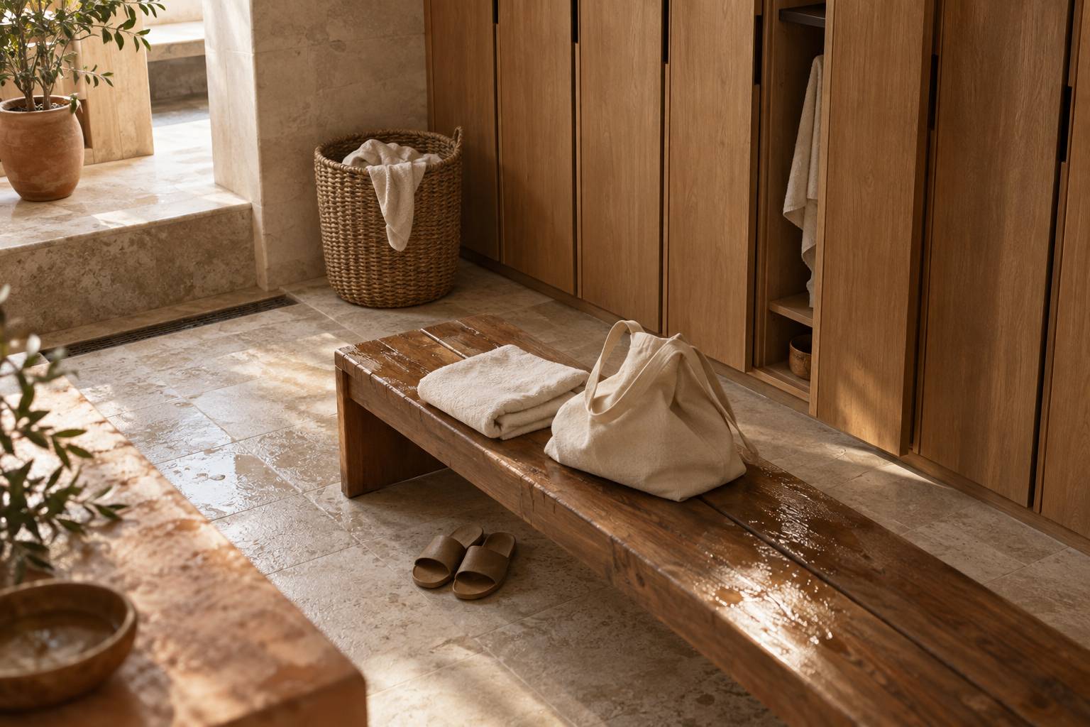 Vestiaire de spa avec casier en bois, sac de toile et serviette pliee