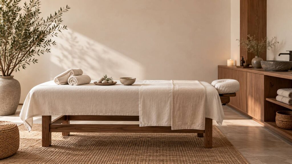 Cabine de soin epuree avec table de massage et linge blanc