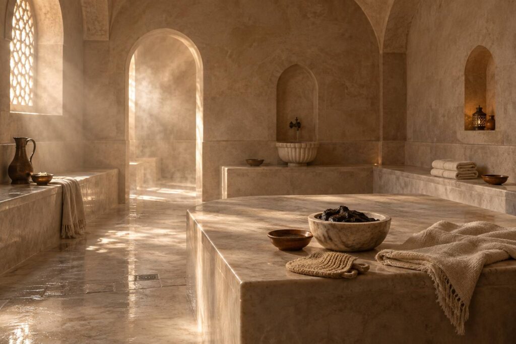 Salle de hammam generique en pierre claire avec vasque de savon noir et linge plie