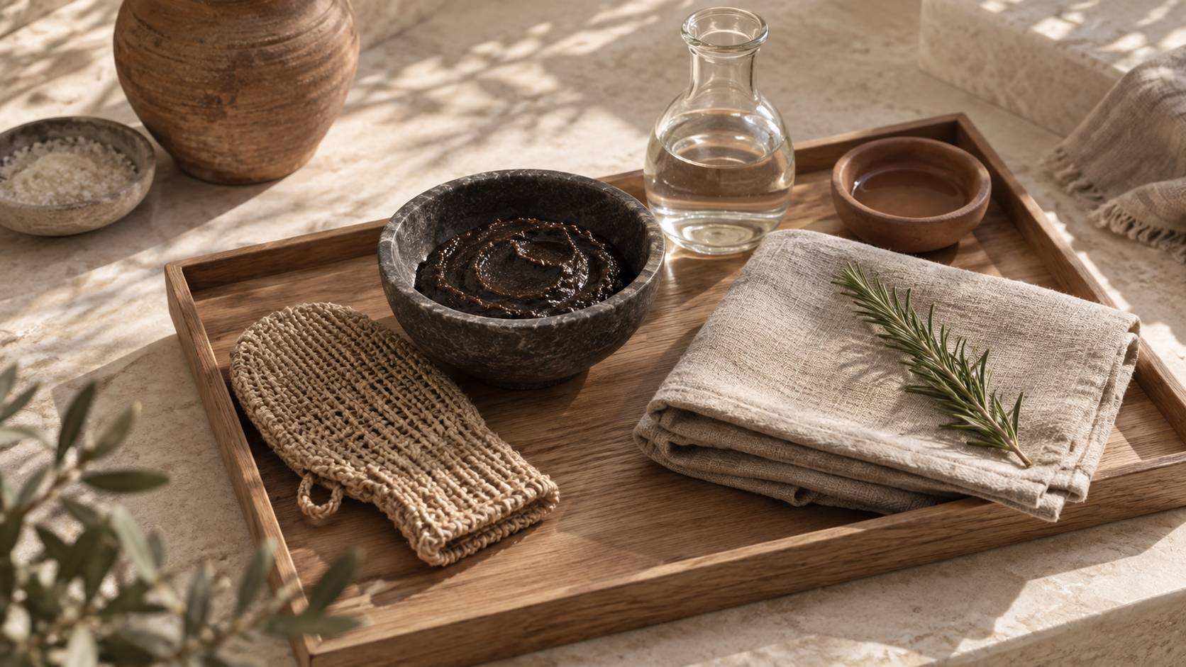 Plateau de soins avec bol de pate sombre naturelle, gant de gommage et serviette beige