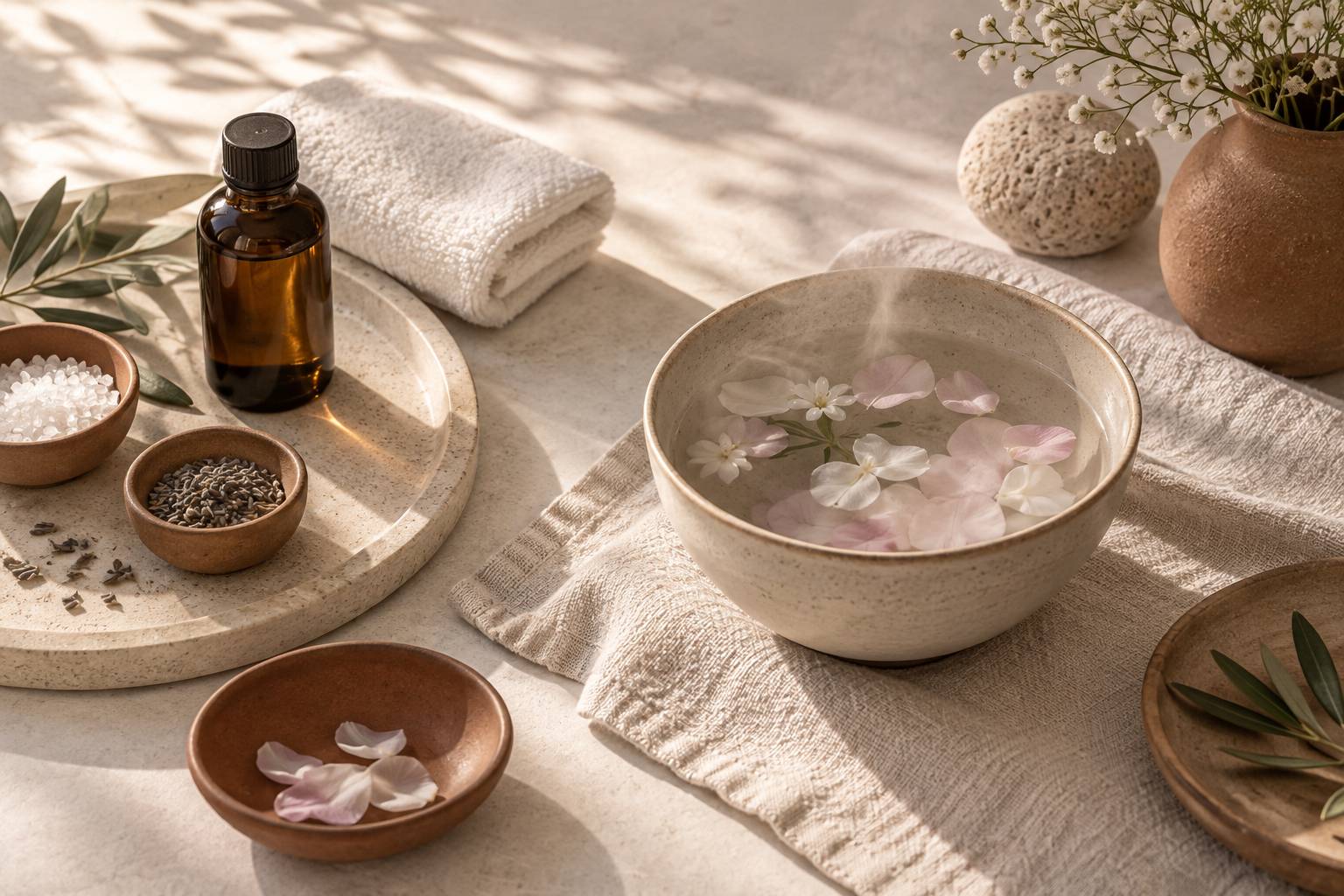 Plateau de soins avec coupelles de terre cuite et serviette pliee