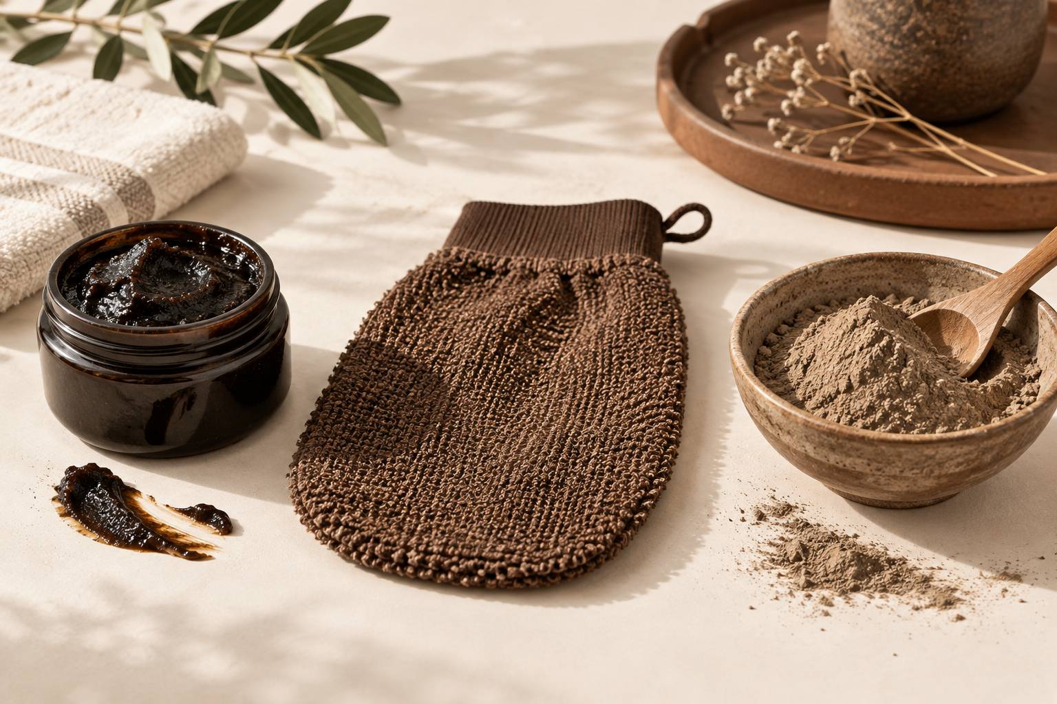 Illustration éditoriale du sujet : Savon noir, rhassoul, kassa : à quoi sert chaque élément