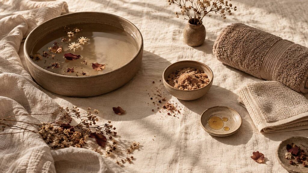 Rituel de soin à plat avec cuve d'eau tiède, poudre exfoliante et serviette roulée