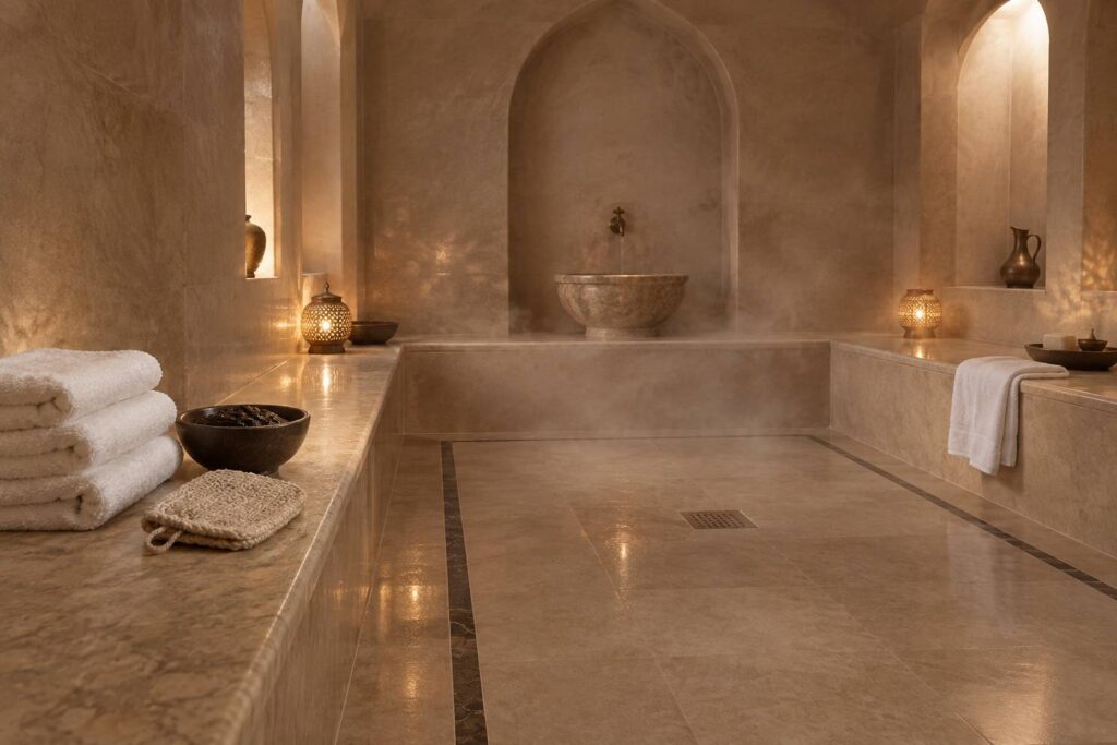 Interieur de hammam clair avec serviettes blanches empilees et vapeur discrete