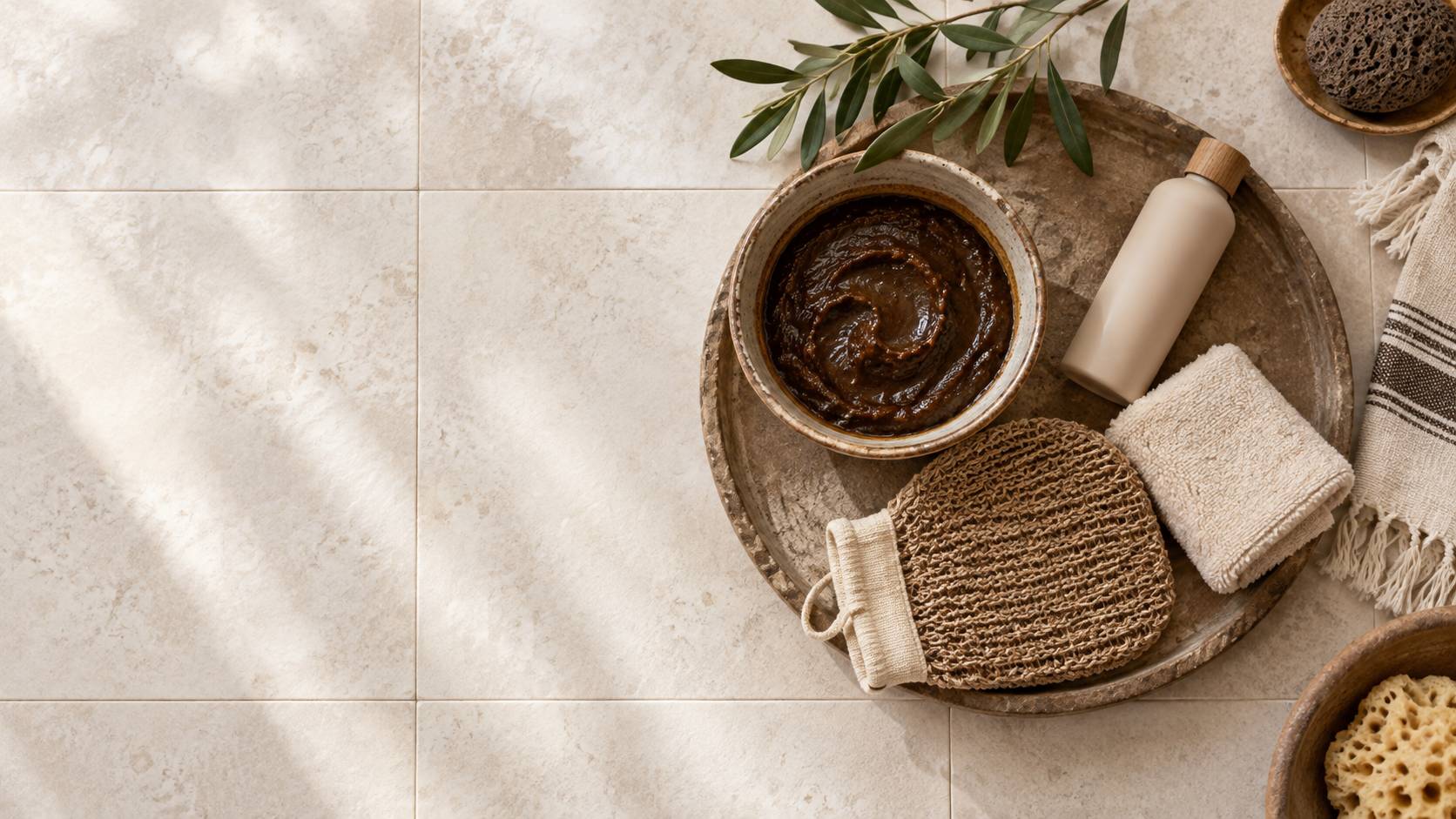 Plateau de soin avec savon noir, gant de gommage et flacon neutre sans inscription