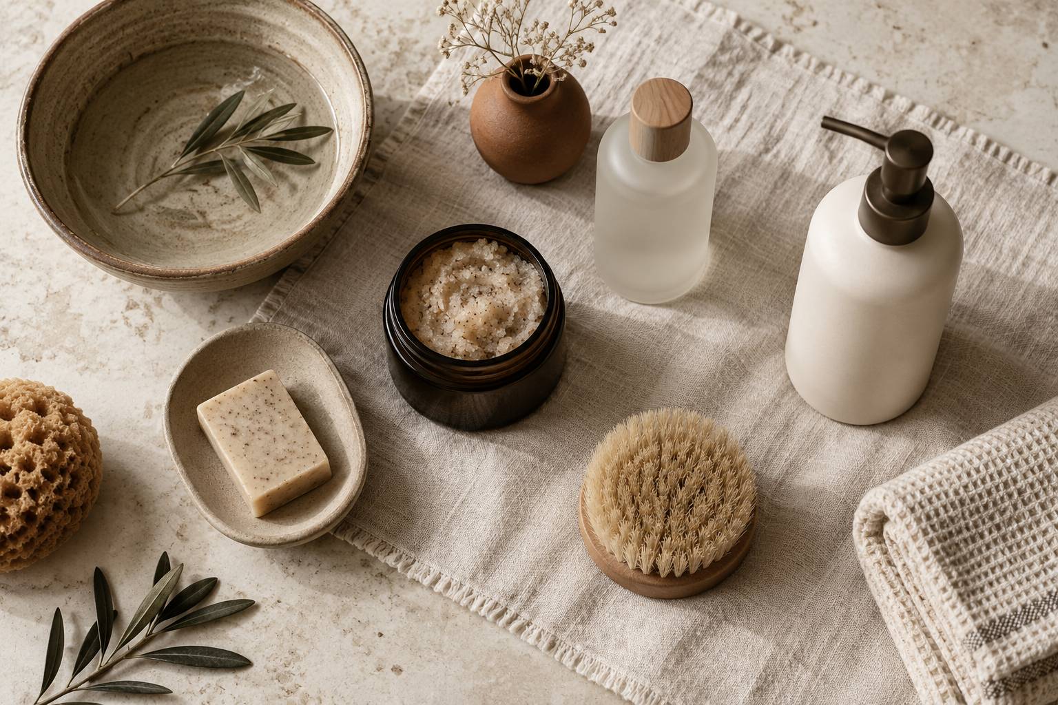 Plateau de produits de soin spa disposes sur un linge clair