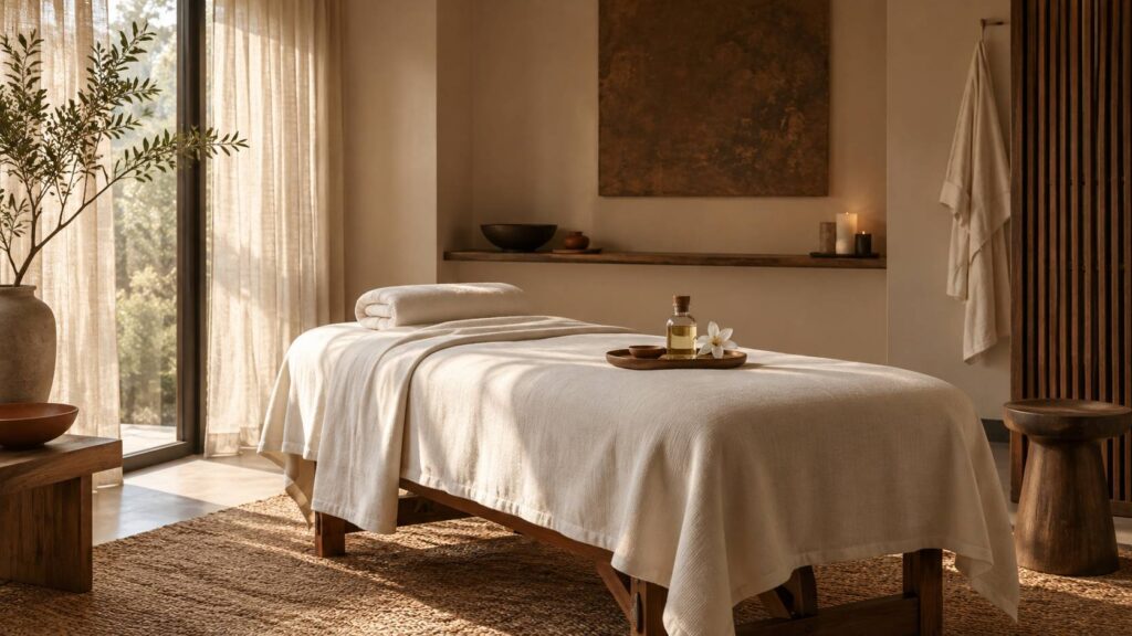 Table de massage avec serviette pliée et flacon d'huile dans une cabine de soin