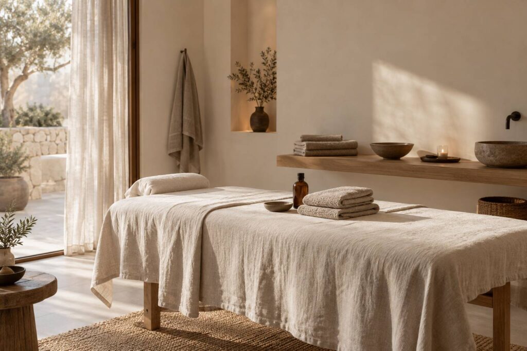 Cabine de soin epuree avec table de massage, linge plie et plantes