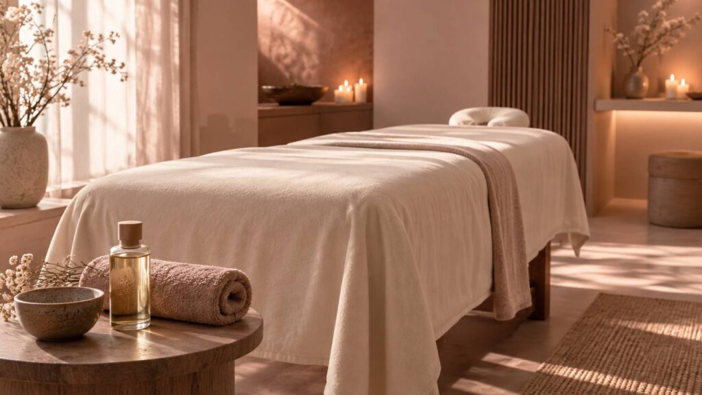 Table de massage avec drap clair, flacon d'huile et serviette roulée