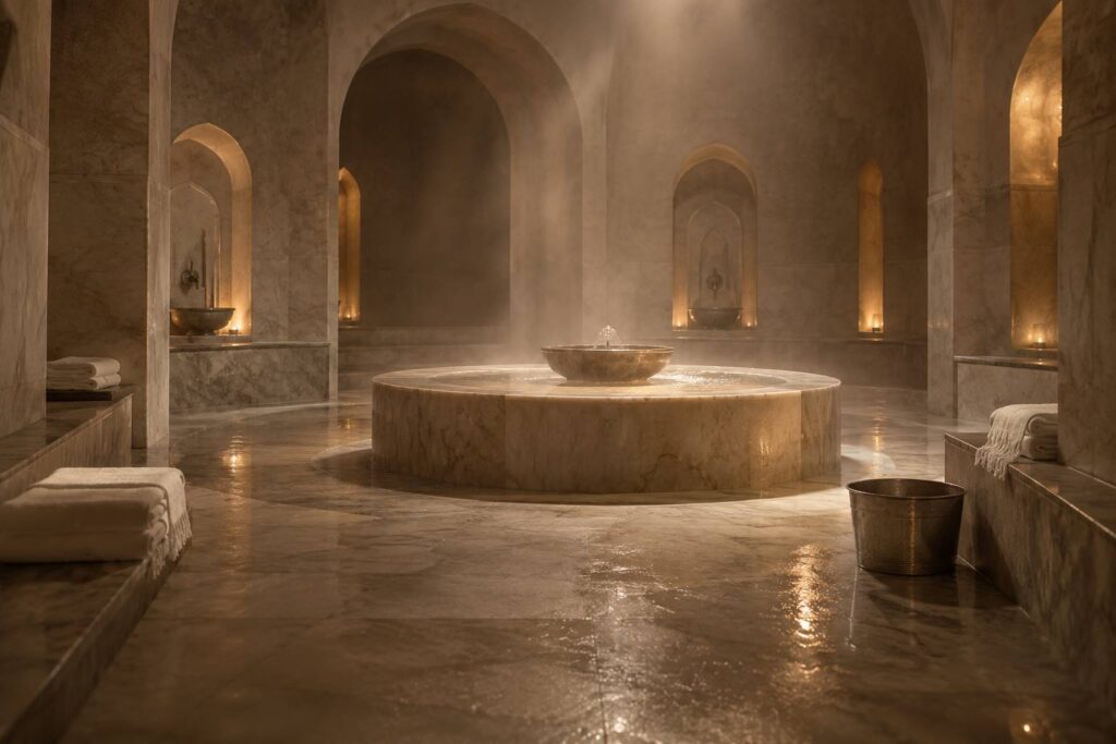 Salle de hammam en marbre clair avec vasque, serviettes et vapeur