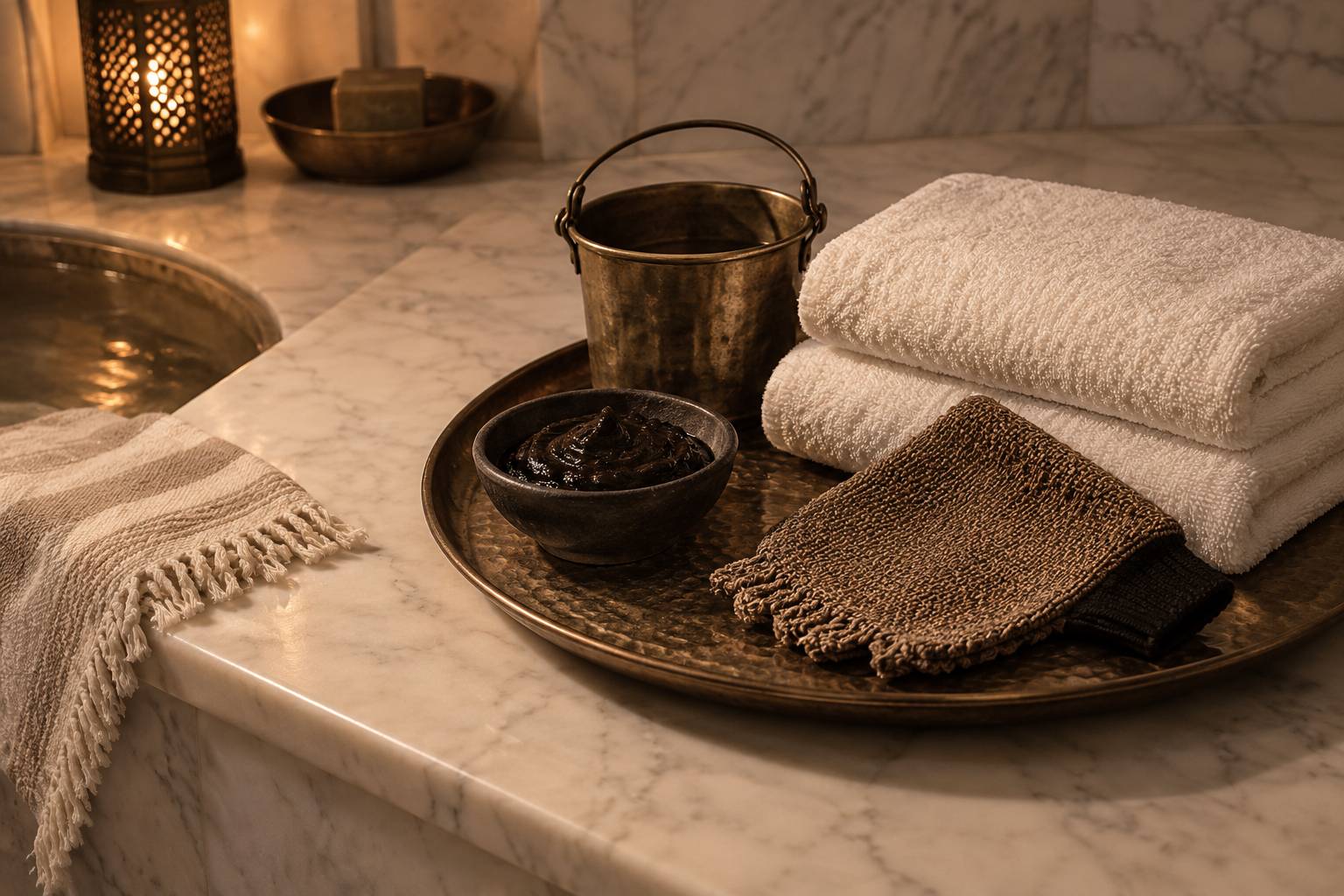 Serviettes, gant de gommage et savon noir poses sur un marbre de hammam