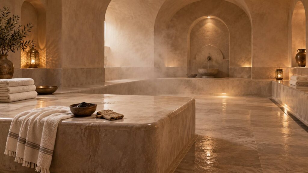 Interieur de hammam clair avec serviettes blanches, savon noir et gant de gommage