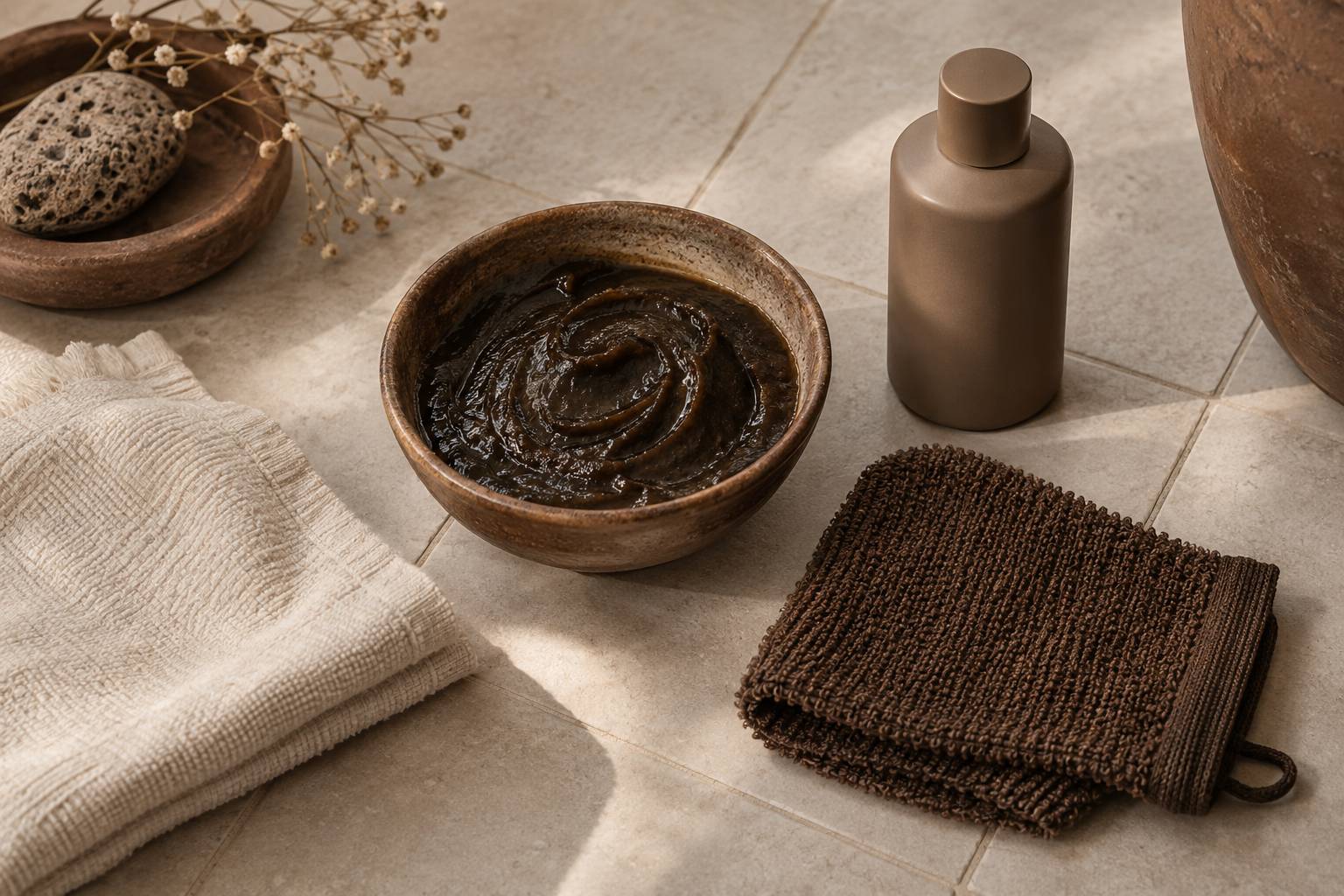 Plateau de soins avec savon noir, gant de gommage et flacon neutre