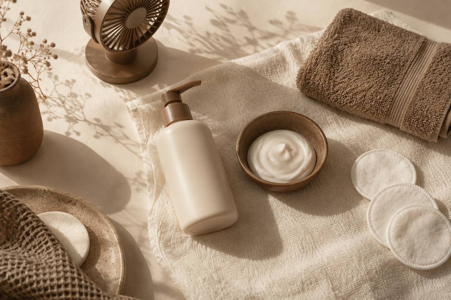 Flacon de soin, coupelle de creme et cotons sur un linge clair