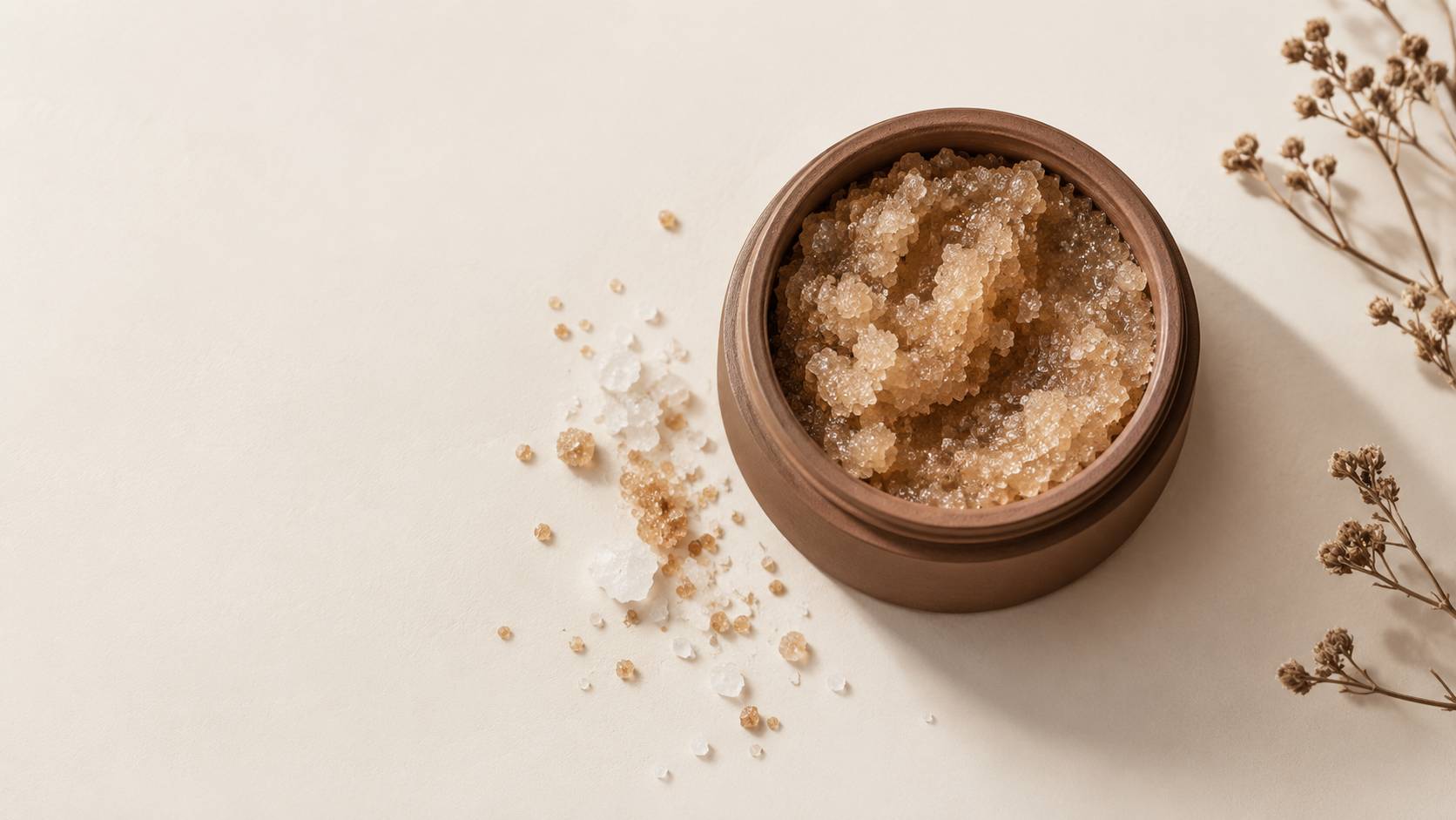 Gommage sucre ouvert et cristaux de sel et de sucre sur fond beige epure