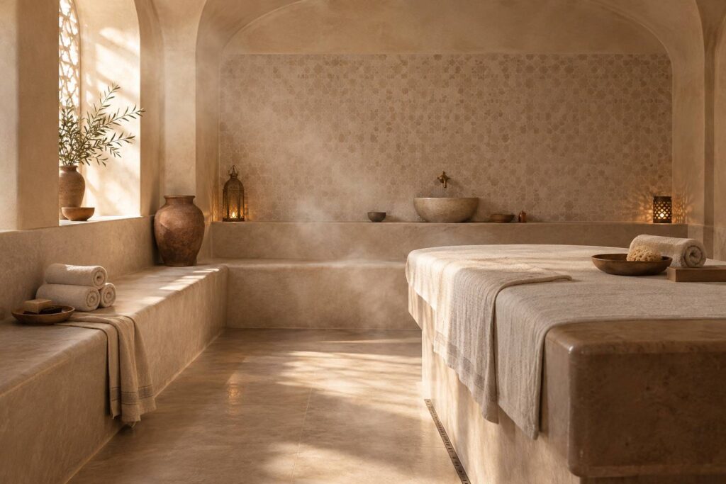 Hammam clair avec banquette de pierre et table chauffee