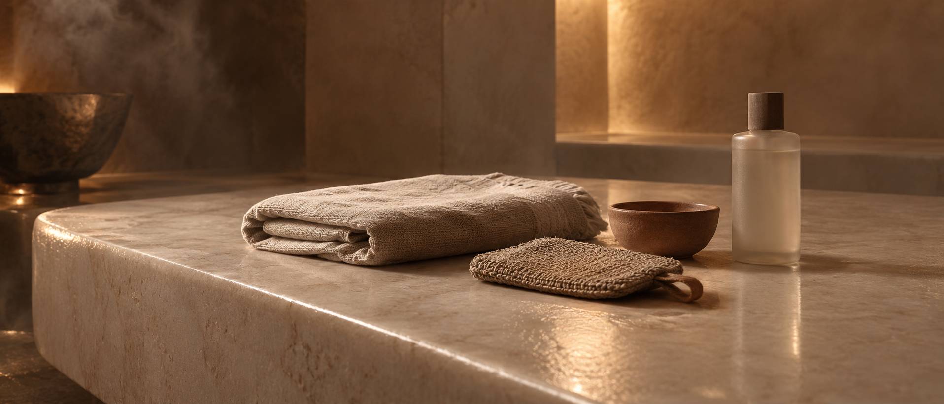 Table chauffee de hammam avec drap de lin et gant de gommage
